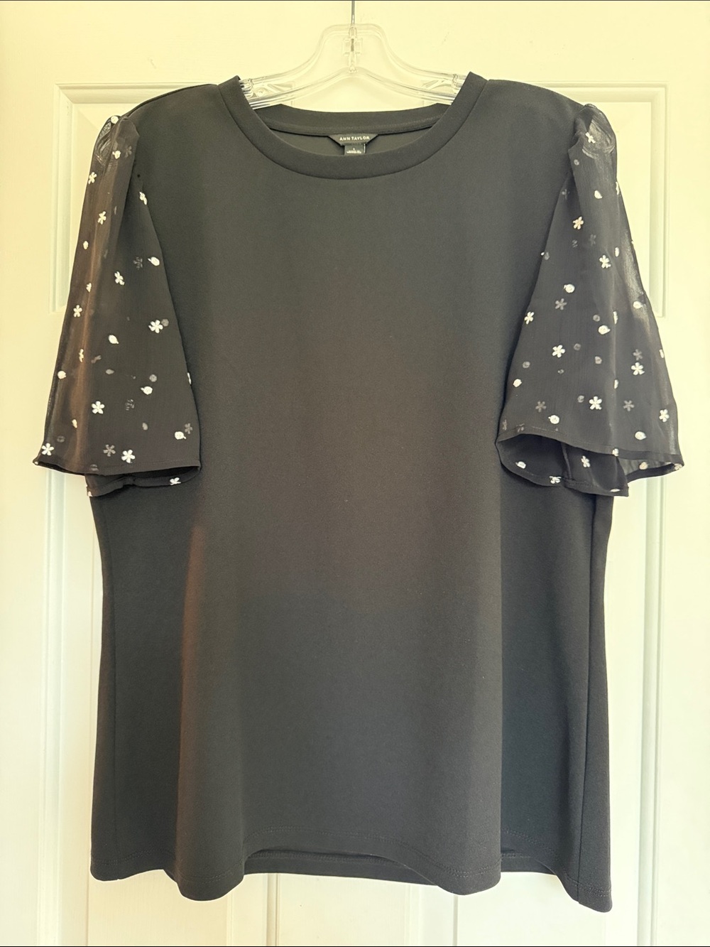 Ann Taylor Black Top with Sheer Floral Puff Sleeves